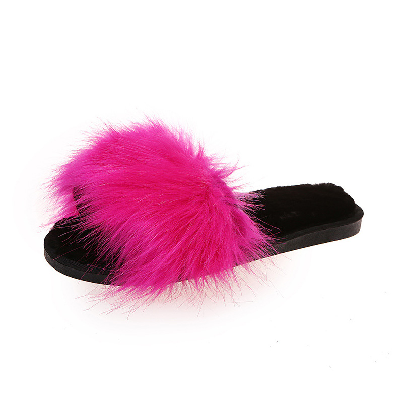 Fluffig riktig tvättbjörn päls glider sandaler päls tofflor