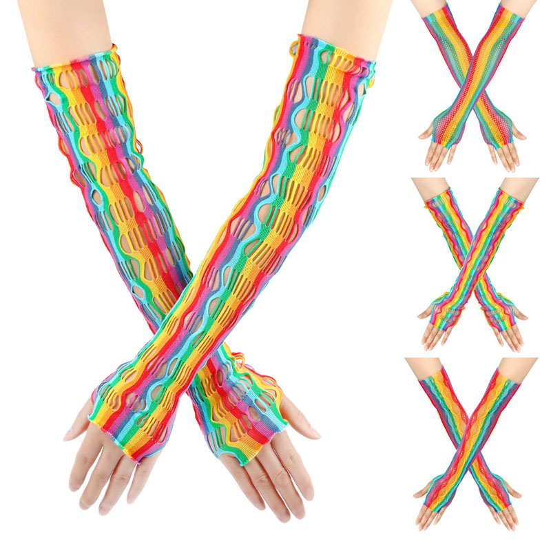Party Long Fishnet Rainbow Gloves