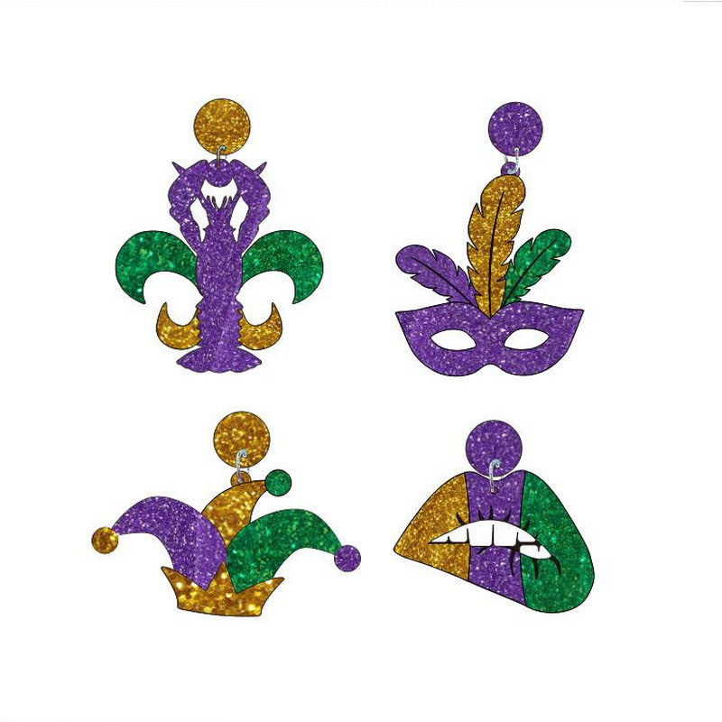 Mardi Gras Crawfish Lips Mask och Jester Hat Akryl Stud örhängen